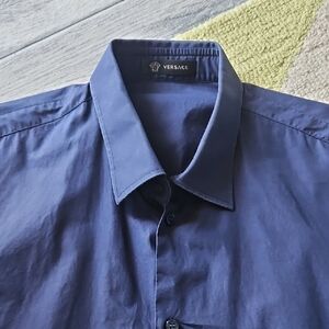 Versace Men's Dark Blue Dress Shirt with Point Collar